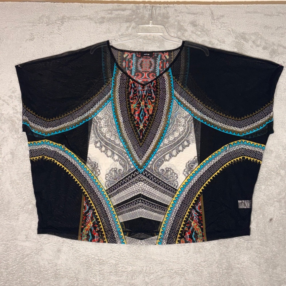 APT 9 Women's Size 1X Sheer Black Kaftan/ camisole Tunic Top Paisley Print Boho